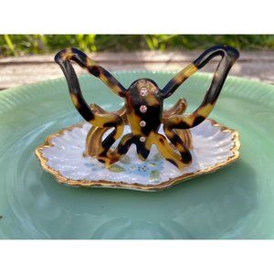 Vintage Celluloid Plastic Faux Tortoise Butterfly Brooch Rhinestones